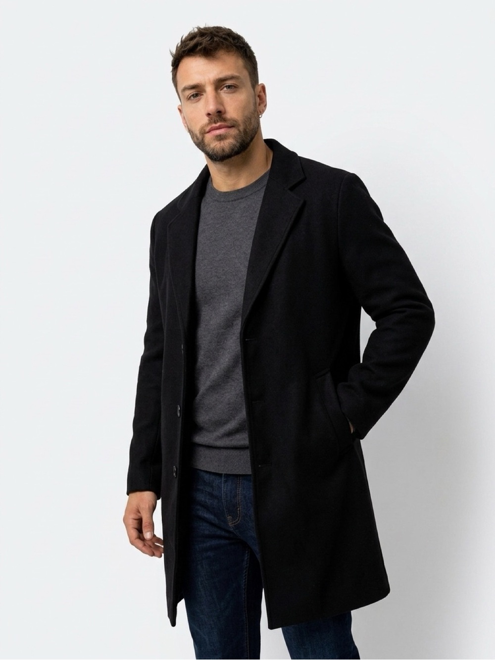 Men's Black Single-Breasted Pea Coat - Classic Tailored Overcoat